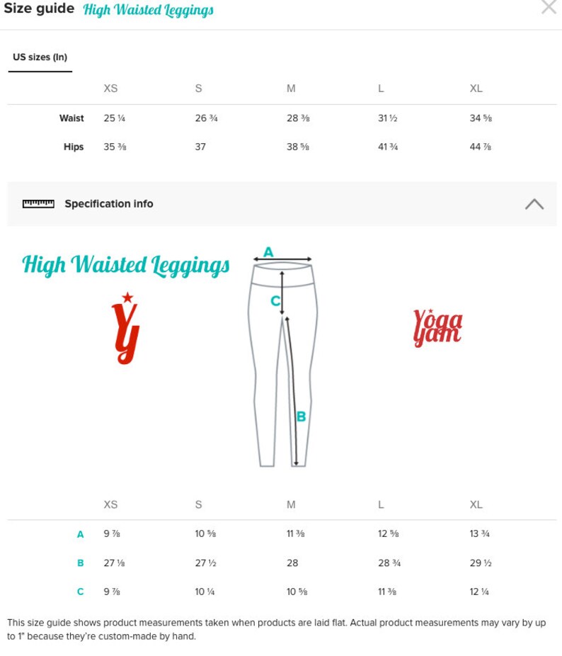 May include: Size chart for high-waisted leggings in sizes XS to XL. Measurements are shown in inches for waist, hips, inseam, and length. The chart includes a diagram of the leggings with labels for each measurement.