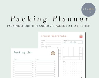 Packgarderobe Reiseplaner, Reisejournal, Reise druckbar, Packliste, Kapselgarderobe, Outfit Planner, Checkliste
