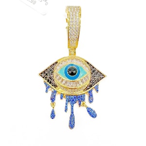 925 Silver Crying Evil Eye Pendant 14K Gold Finish VS1 Cubic Zircon Flawless Clarity Crystals with 4mm Tennis Chain or 7mm Cuban Link