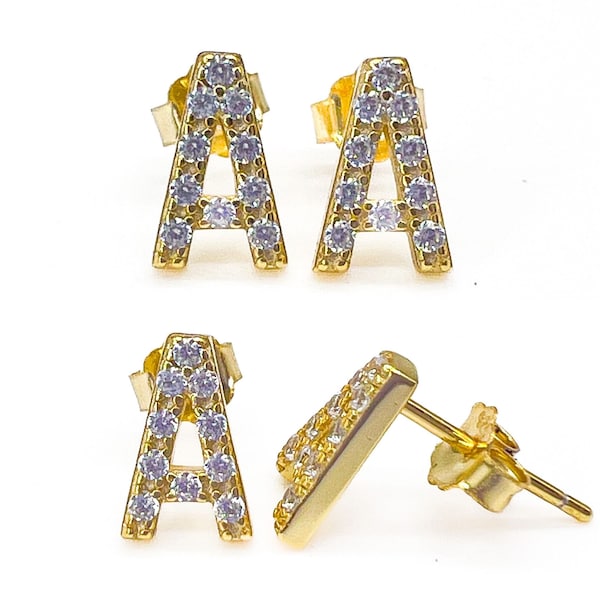 Real Sterling Silver A to Z Initial Stud Earring Pair VS1 Clarity Crystals 14K Gold / White Gold  /  Rose Gold / Black Rhodium Plated