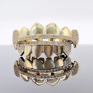 14K Gold Finish 6 Teeth Grillz Top and Bottom Set / Gold CZ Grills /  Icy Vampire Fangs Grill / Handmade High Polished 4X Layered