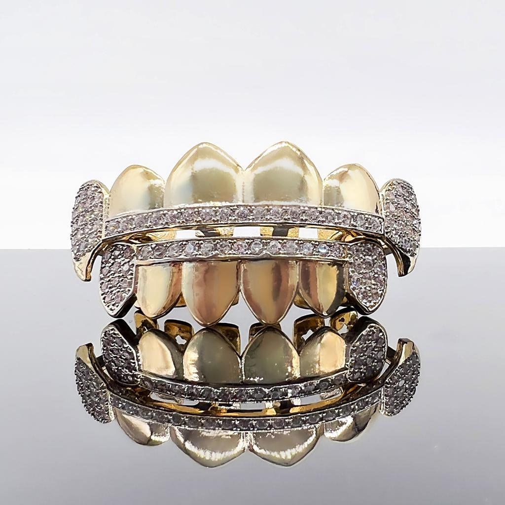 14K Gold Finish CZ Grillz: Icy Vampire Fangs, Top and Bottom