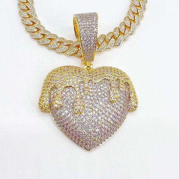 Bust Down Big Dripping Heart Pendant 14KT Gold Finish Vvs1 Cubic Zircon Clarity Crystals handmade high quality with 4 different style chains