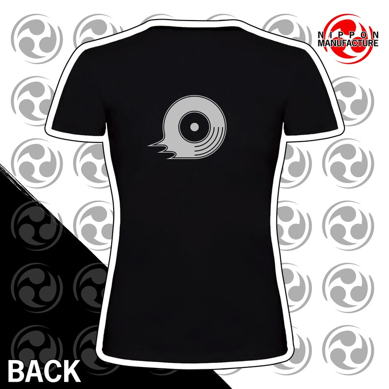 May include: Black women's t-shirt with a silver graphic of a stylized record on the front. The text "NIPPON MANUFACTURE" is in the top right corner of the image.