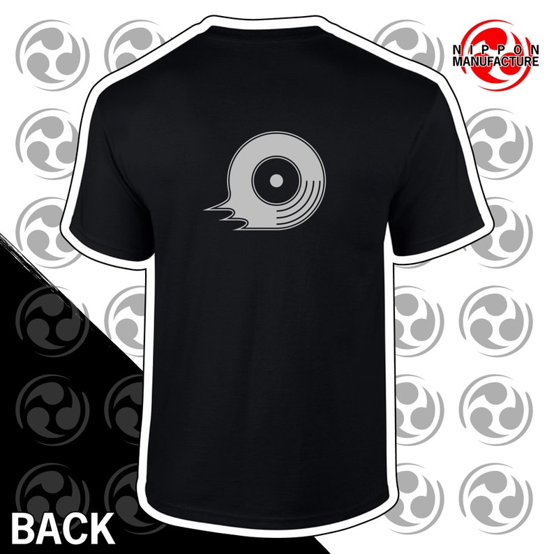 May include: Black t-shirt with a grey graphic of a stylized record on the back. The text "NIPPON MANUFACTURE" is printed in white on the top right corner of the shirt.