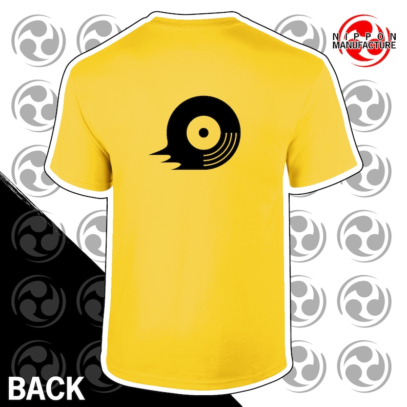 May include: Yellow t-shirt with a black graphic of a record with a tail flame. The text "NIPPON MANUFACTURE" is in the top right corner of the image.