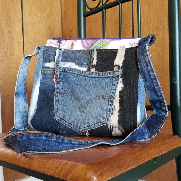 Zippered Denim Patchwork Handbag ~ Recycled Denim Crossbody Bag ~ Denim Crossbody Bag ~ Bleached Denim Bag ~ Denim Shoulder Bag