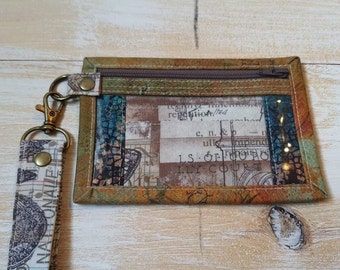 Tim Holtz Card and Cash Zippered Wallet With Wristlet ~ Melange Wallet  ~ Unique Wallet ~ Cotton Wallet With Clear Front Pocket