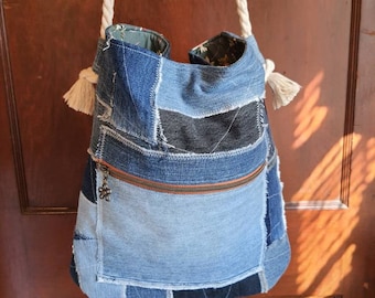Patchwork Denim Shoulder Bag Rope Strap ~ Denim Summer Bag ~ Medium Size Denim Bag ~ Denim Hobo Bag ~ Boho Bag