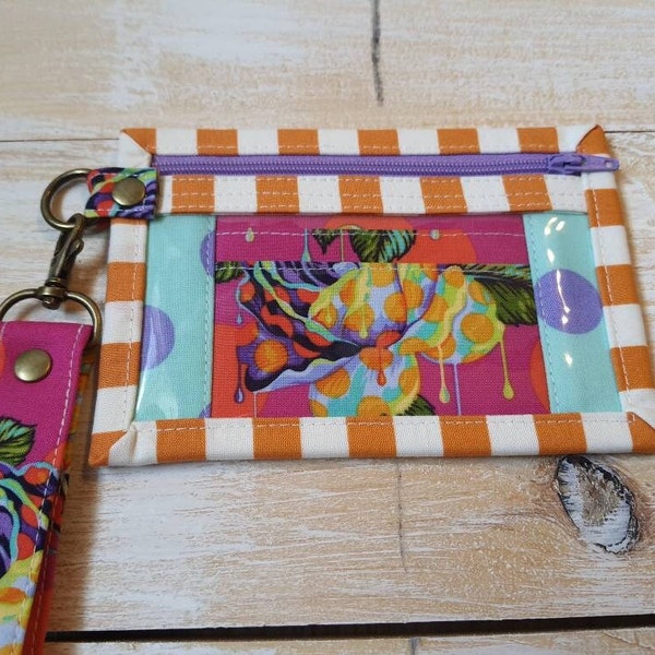 Tula Pink Card and Cash Zippered Wallet With Wristlet ~ Painted Roses Wallet  ~ Unique Wallet ~ Cotton Wallet With Clear Front Pocket