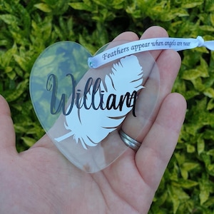 Personalised Angel Feather Memory Heart Shaped Bauble, In Remembrance Bauble, In Loving Memory Bauble, White Feather