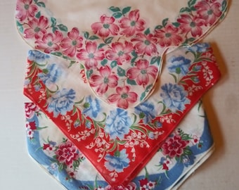 White with ink Roses and Daisies Vintage Floral Print Hanky Hankie Handkerchief