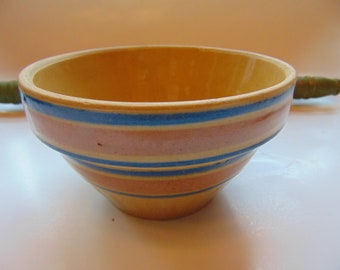 Yellow Ware Pink and Blue Banded Bowl Farm House Decor,Vintage Kitchen