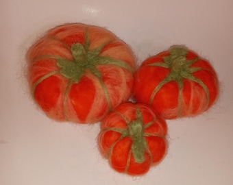 Juego de 3 calabazas de fieltro con aguja, color naranja con detalles verdes, tamaño grande, mediano y pequeño