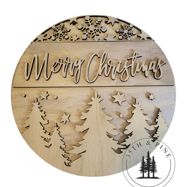 Unfinished Wood Round 3D DIY Kit | Merry Christmas | Porch Sign | Wooden Door Hanger | Paint Your Own DIY Kit | Christmas Trees | Pine Trees