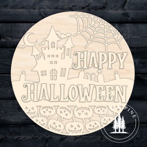 Unfinished Wood Round DIY Kit | Happy Halloween Door Hanger | Halloween Decor | Porch Sign | Wooden Door Hanger | Paint Your Own DIY Kit