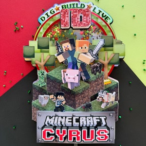 Topo de bolo Minecraft pixelado com luzes de LED e coqueteleira em 3D | Topo de bolo personalizado | Decoração de bolo de aniversário