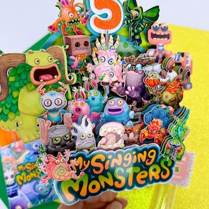 Topo de bolo My Singing Monsters com luzes de LED em 3D | Topo de bolo personalizado | Decoração de bolo de aniversário