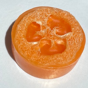 May include: A round orange loofah sponge with a textured surface. The loofah is made of natural fibers and is designed for exfoliating the skin.