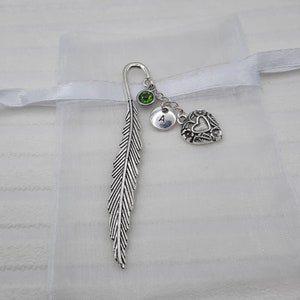 Birthstone and initial bookmark, silver heart page holder, personalised birthday gift for her image 1