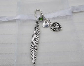 Birthstone and initial bookmark, silver heart page holder, personalised birthday gift for her