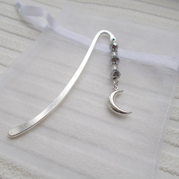 handmade silver bookmark with beads and moon charm, a great little gift for her