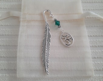 handmade om bookmark - silver feather bookmark with ohm charm - beaded page holder - spiritual gift for book lover