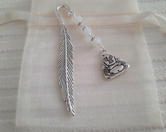 Buddha bookmark, silver feather bookmark with beads and buddha charm, page holder for book lover gift, spiritual gift