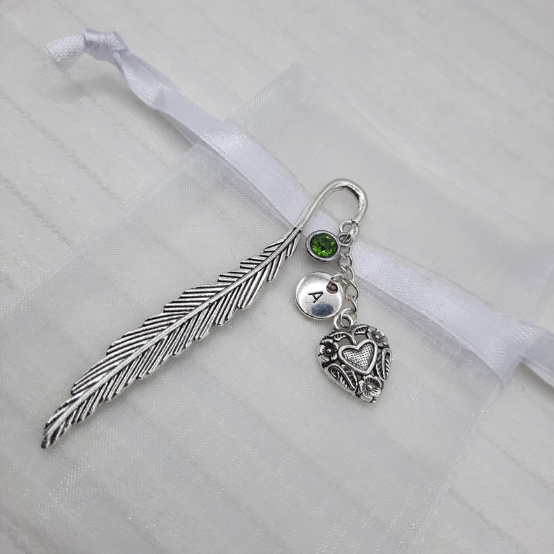 Birthstone and initial bookmark, silver heart page holder, personalised birthday gift for her image 2