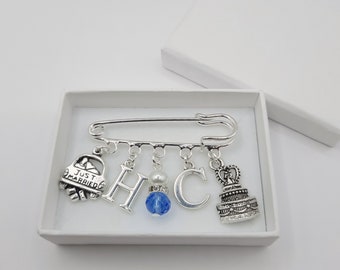 Something Blue Bridal Bouquet Pin, Personalized Wedding Gift