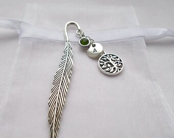 tree of life bookmark with birthstone and initial, birthday gift for her, trinket gifts, silver bookmark with charms