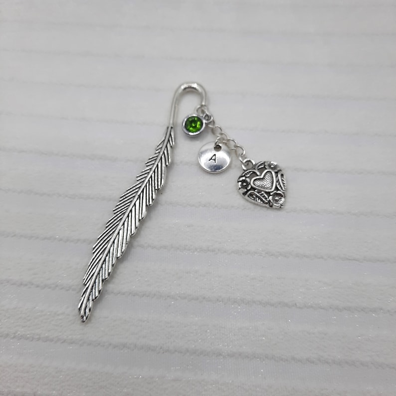 Birthstone and initial bookmark, silver heart page holder, personalised birthday gift for her image 6