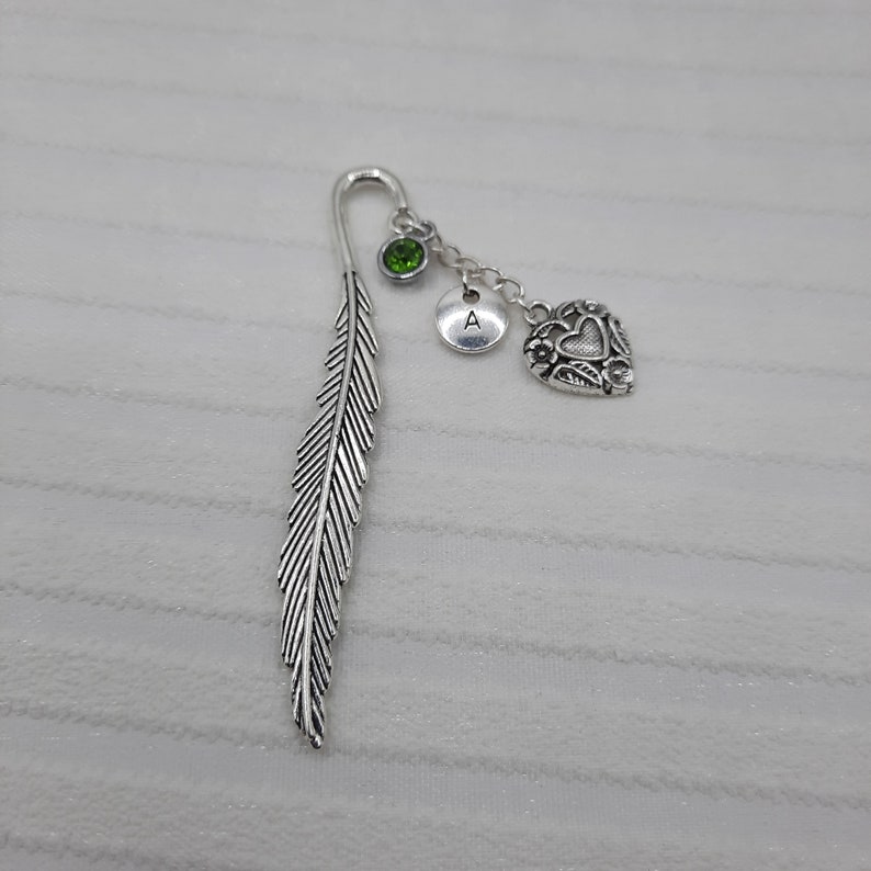 Birthstone and initial bookmark, silver heart page holder, personalised birthday gift for her image 5
