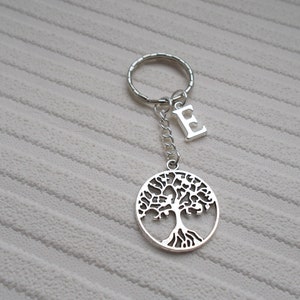 Tree of Life Keyring, Silver Keychain with Initial Charm, Personalized Gift