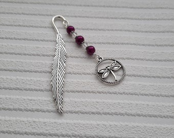 silver dragonfly bookmark, purple beaded page holder with charm, handmade gift for women