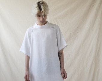 White Maxi Dress, Minimalist Clothing, White Linen Dress, Short Sleeve Dress, Unisex Dress, Kaftan Dress, Urban Boho, Avantgarde Dress, Boho