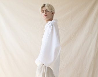 White linen oversized shirt, Wide sleeves linen shirts, Drop shoulders linen shirts, Gift for her