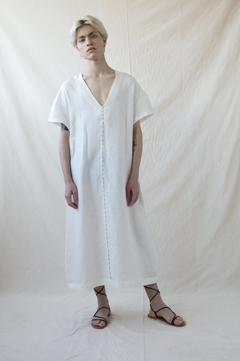 White Dress, Geometric Fashion, White Linen Dress, Unique Dress for Men, White Maxi Dress, Urban Clothing, Long Tunic , Oversize Dress, Size 2