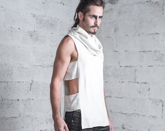 Top For Men, Tank Top, Hoodie For Men, Geometric Clothing, Sleeveless Shirt, Men's Boho Top, Cyber Punk Clothing, Avant Garde,White Silk Top