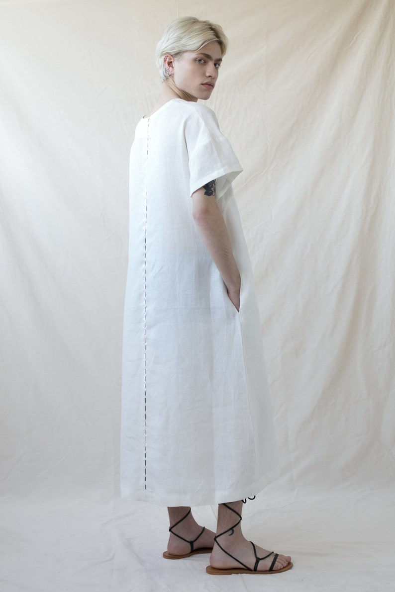 White Dress, Geometric Fashion, White Linen Dress, Unique Dress for Men, White Maxi Dress, Urban Clothing, Long Tunic , Oversize Dress, image 4