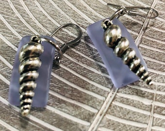 Sea Beach Lilac Glass Dangle Earrings Horn Shell Surgical Steel Ear Wire