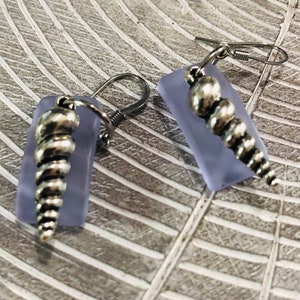 Sea Beach Lilac Glass Dangle Earrings Horn Shell Surgical Steel Ear Wire