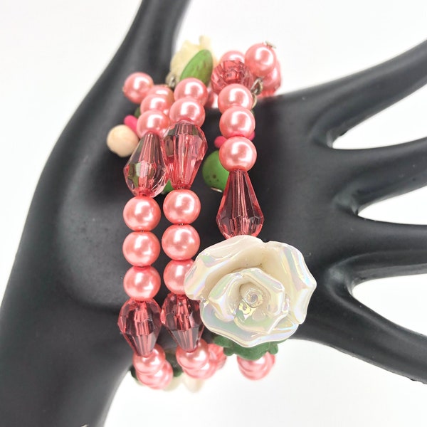 Peach Orange Pearl White Rose Green Stack Bracelets Memory Wire Handcrafted ted