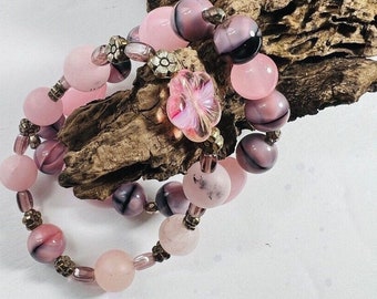 Rhodonite Rosa Cuarzo Cristal Checo Pulsera de Cristal Rosa Flor 2 Pila Con Cuentas