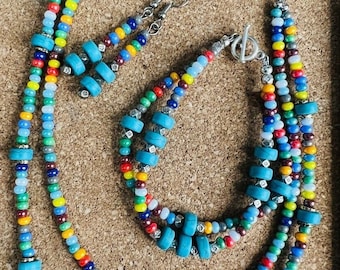 Blue Jasper Double Strand Necklace And Bracelet Earrings Set Silver Tone
