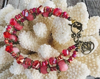 Swarovski Crystal Agate Pulsera Roja 2 Pila Flor Bead Oro Antiguo Hecho a Mano