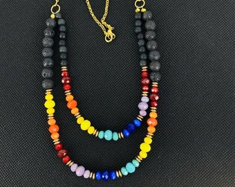 Boho Style Rainbow Stone Black Lava Rock 2 Strand Necklace Gold Tone