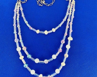 White Clear Jasper Necklace Pearl Iridescent Silver Tone Triple 3 Strand