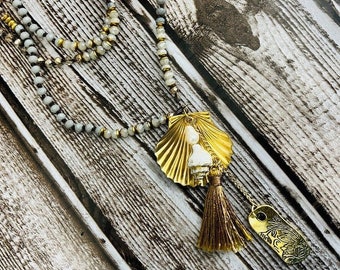 Crystal Bead Necklace Gray Silver Gold Tone Shell Tassel Pendant Necklace