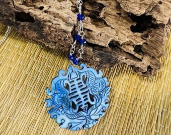 Chinese Carved Lapis Pendant Blue Swarovski Crystal Necklace Silver Tone